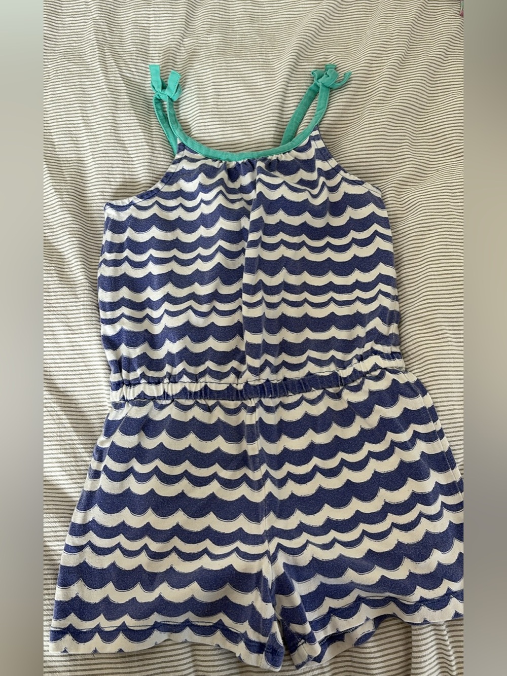 Gymboree Blue and White Wave-Print Kids Romper with Teal Straps